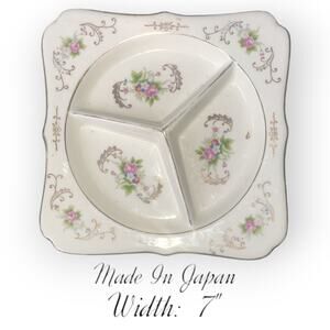 Vintage Condiment Divided Dish  with Gold Accents and Pink Roses